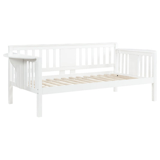 Daisy Twin Daybed, Drop Down Tables, Slats for Mattress, White Wood Frame By Casagear Home