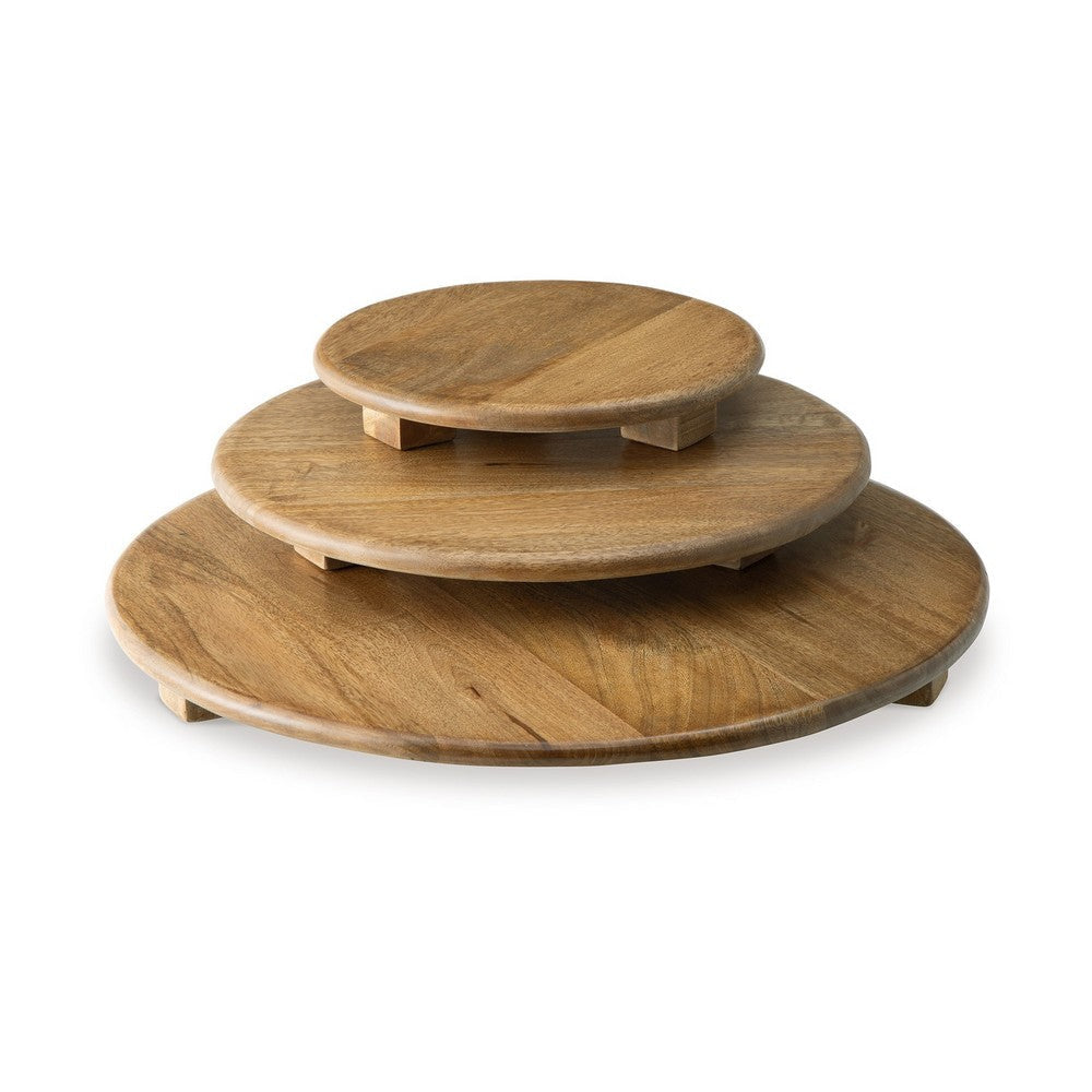 Piya Decorative Serving Tray Platter Set of 3 Round Riser Honey Brown Wood By Casagear Home BM318930