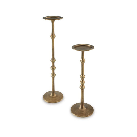 Lara Candle Holder Set of 2, Cast Aluminium, Antiqued Brass Toned Finish By Casagear Home