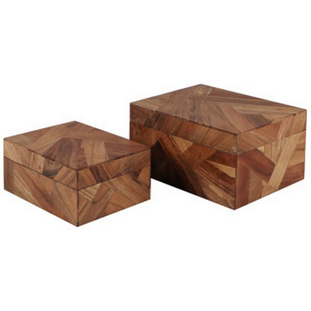 Alia Decor Storage Box Set of 2 Rectangular Geometric Brown Wood Tones By Casagear Home BM318935