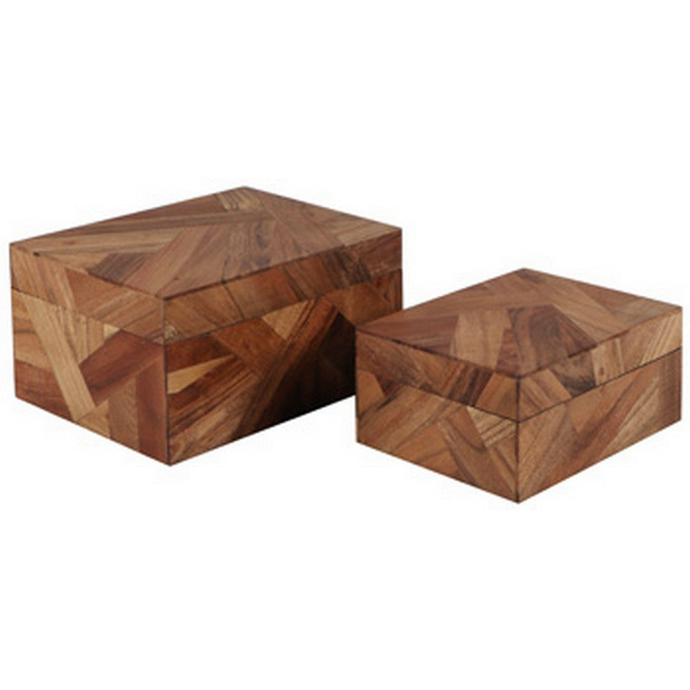 Alia Decor Storage Box Set of 2, Rectangular, Geometric Brown Wood Tones By Casagear Home