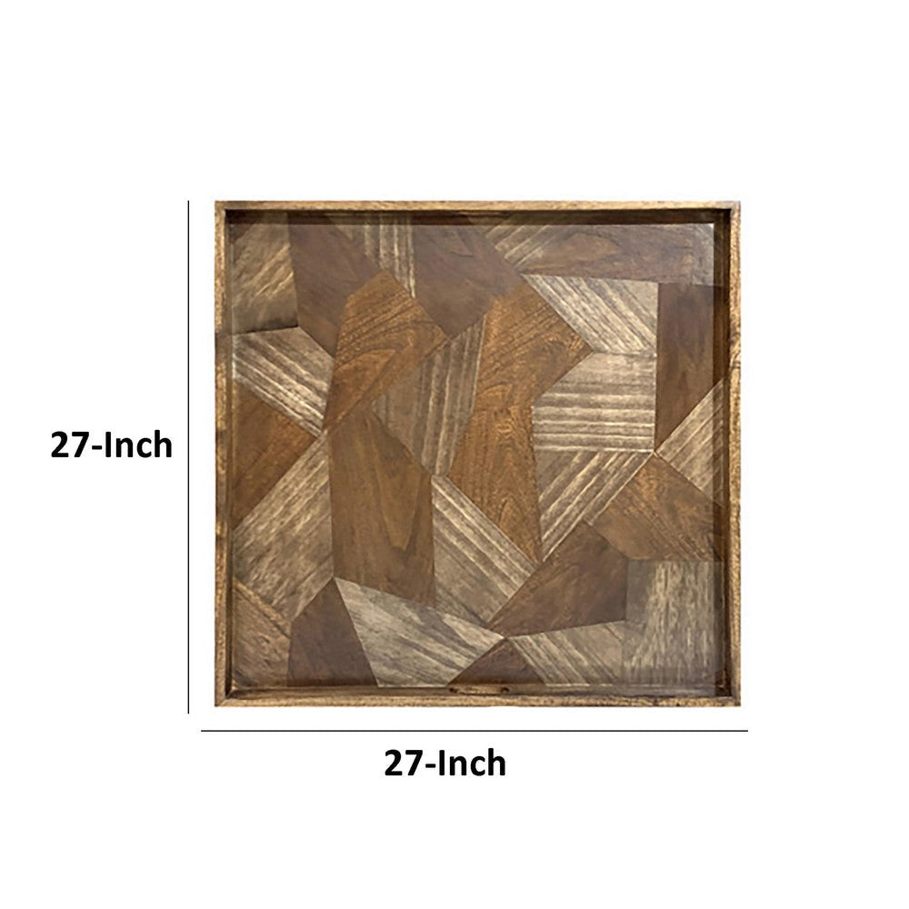 Hely Decorative Wood Tray 27 Inch Square Geometric Pattern Brown Beige By Casagear Home BM318938