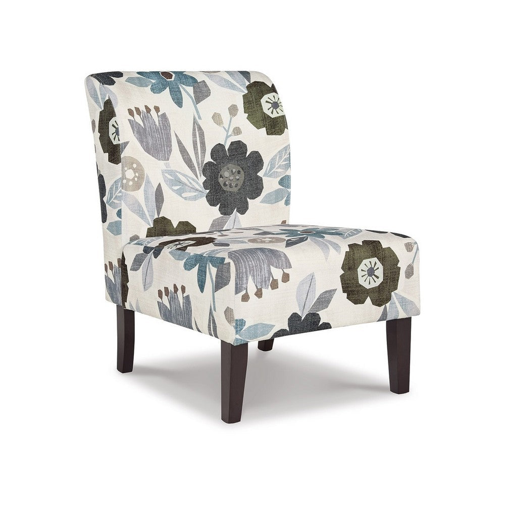 Rima Accent Chair, Ivory Gray Floral Pattern Polyester Cushion, Black Wood By Casagear Home