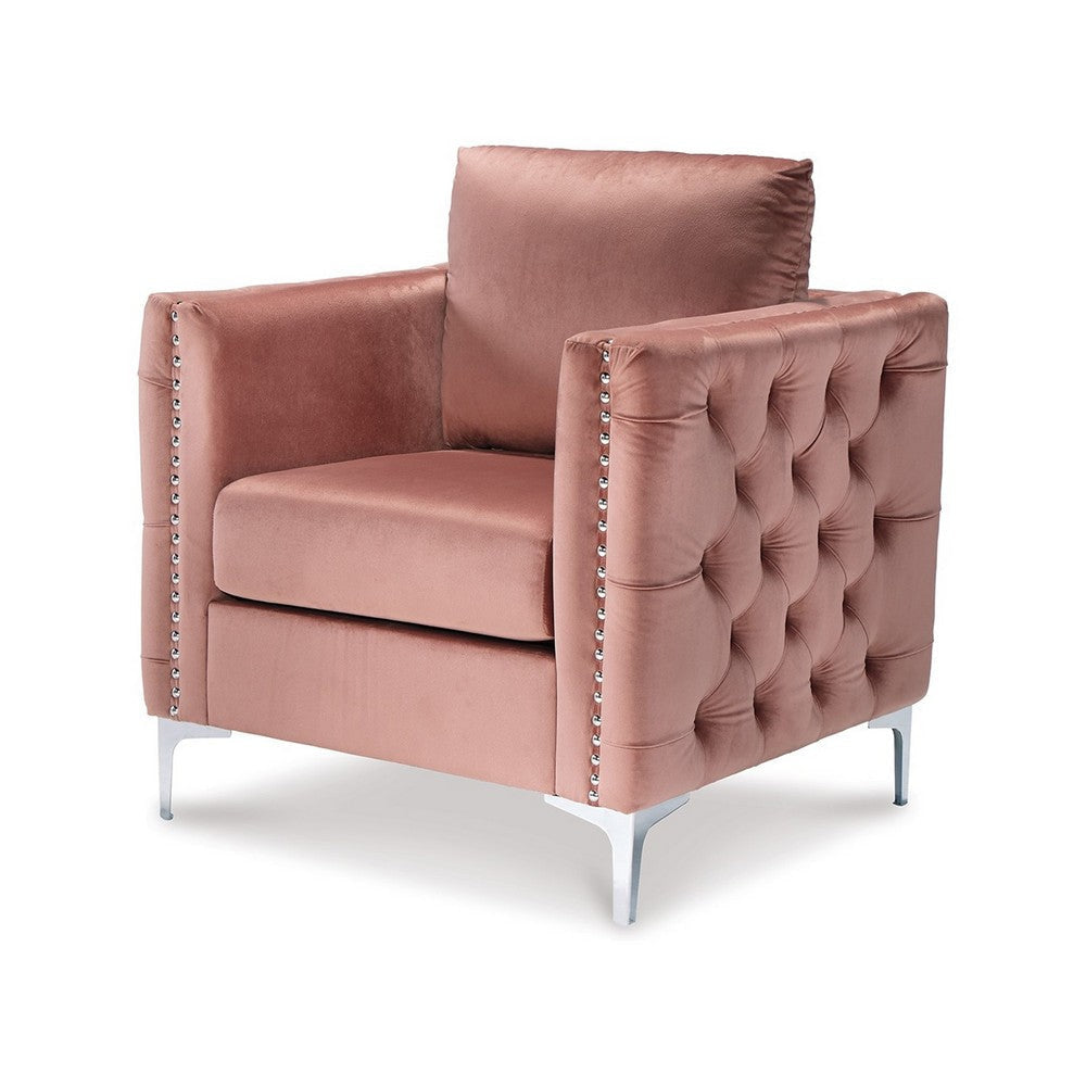 Monica Accent Chair Blush Pink Polyester Deep Button Tufting Metal Legs By Casagear Home BM318947