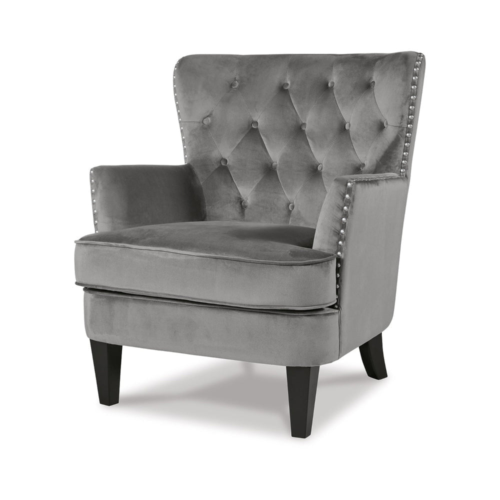 Rumani Accent Chair Gray Polyester Velvet Diamond Tufted Back Black Wood By Casagear Home BM318949