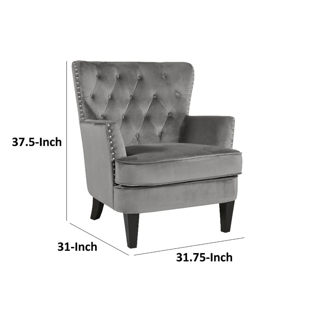 Rumani Accent Chair Gray Polyester Velvet Diamond Tufted Back Black Wood By Casagear Home BM318949