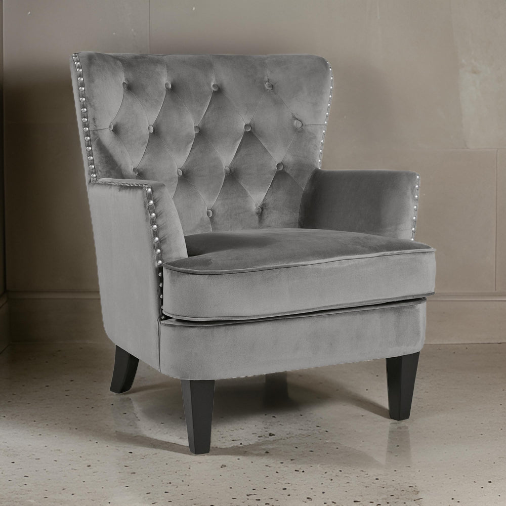 Rumani Accent Chair Gray Polyester Velvet Diamond Tufted Back Black Wood By Casagear Home BM318949