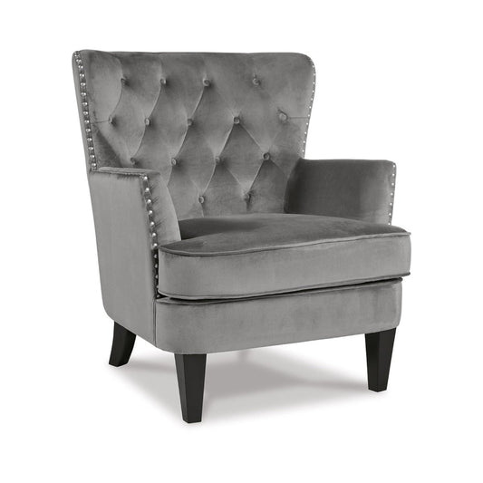 Rumani Accent Chair, Gray Polyester Velvet, Diamond Tufted Back, Black Wood By Casagear Home