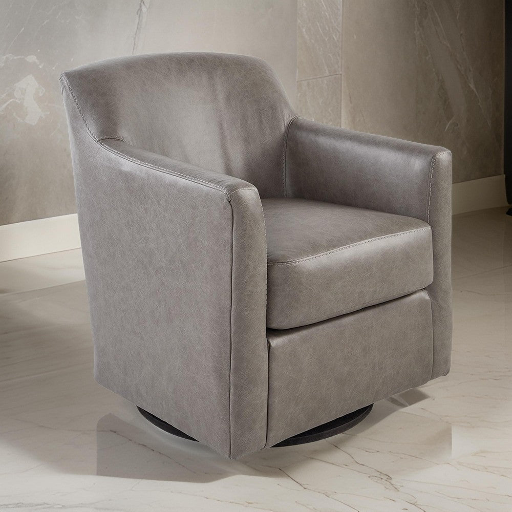 Leena Swivel Accent Chair Plush Gray Genuine and Faux Leather Black Metal By Casagear Home BM318956