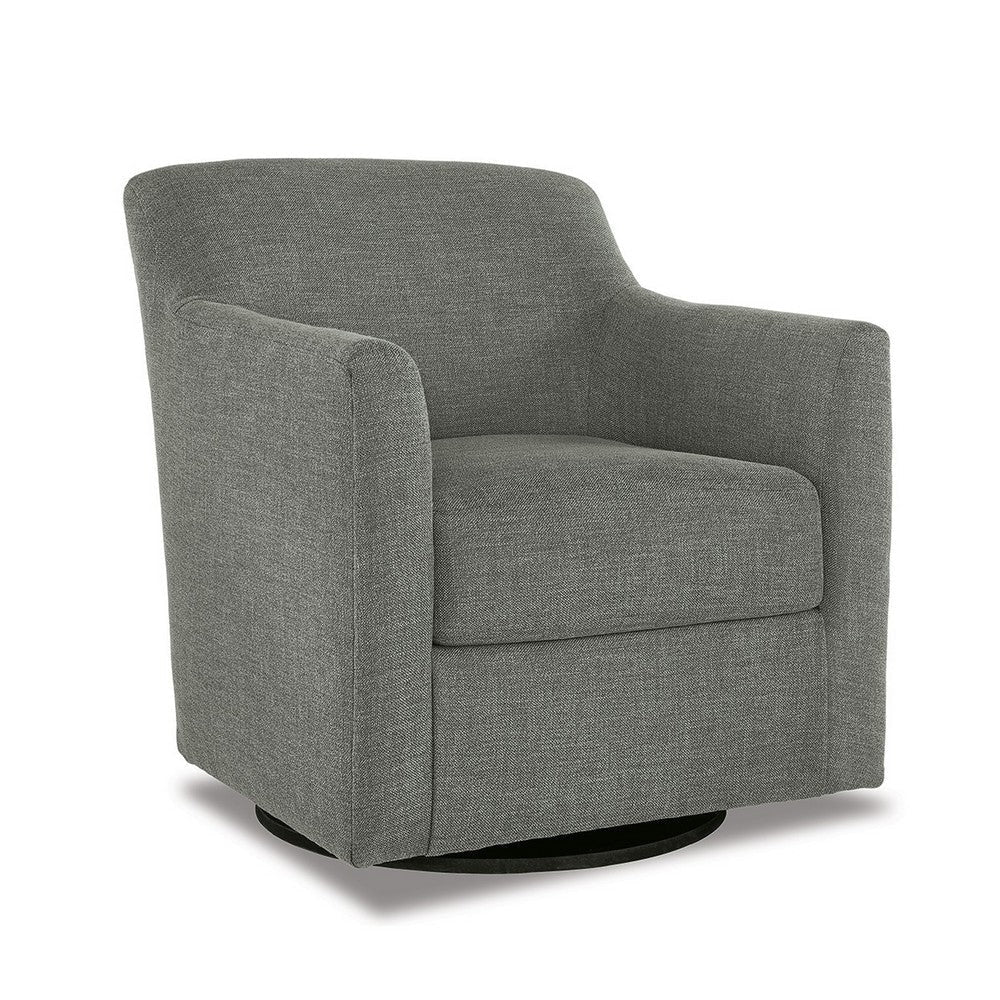 Leena Swivel Accent Chair, Gray Polyester, Shelter Style Arms, Black Wood By Casagear Home