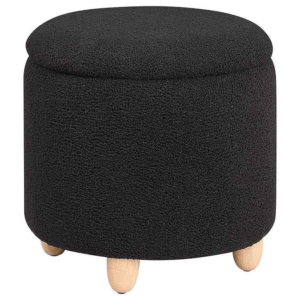 Aia 18 Inch Storage Ottoman, Black Faux Sheepskin, Round Rubberwood Feet By Casagear Home