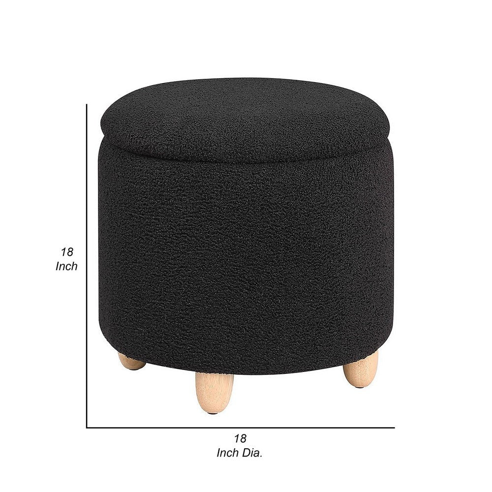 Aia 18 Inch Storage Ottoman Black Faux Sheepskin Round Rubberwood Feet By Casagear Home BM318995