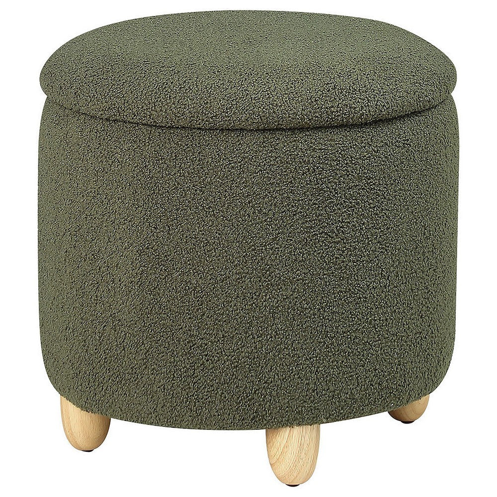 Aia 18 Inch Storage Ottoman Green Faux Sheepskin Round Rubberwood Feet By Casagear Home BM318996