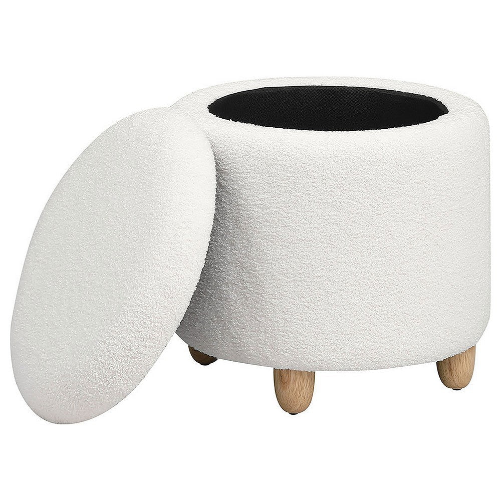 Aia 18 Inch Storage Ottoman White Faux Sheepskin Round Rubberwood Feet By Casagear Home BM318997