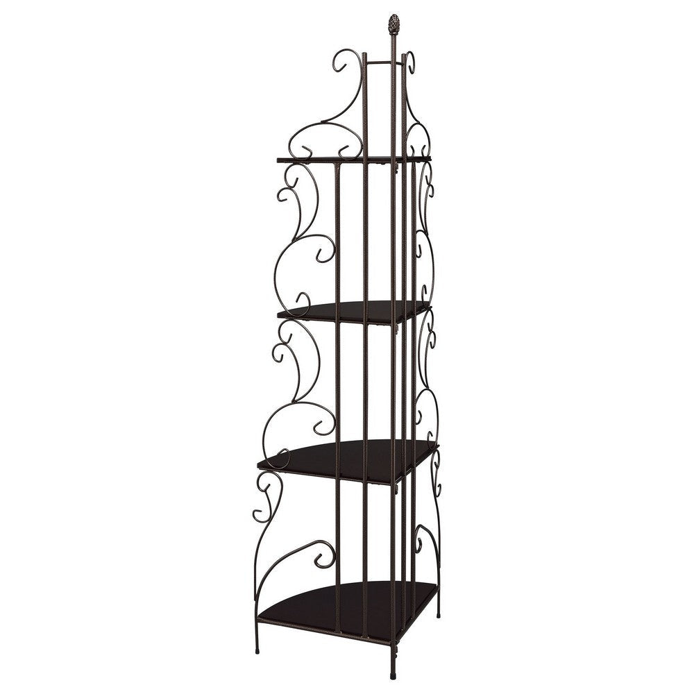 Opya Corner Storage Bookshelf Scrolled Design 4 Tier Shelves Brown Metal By Casagear Home BM319006