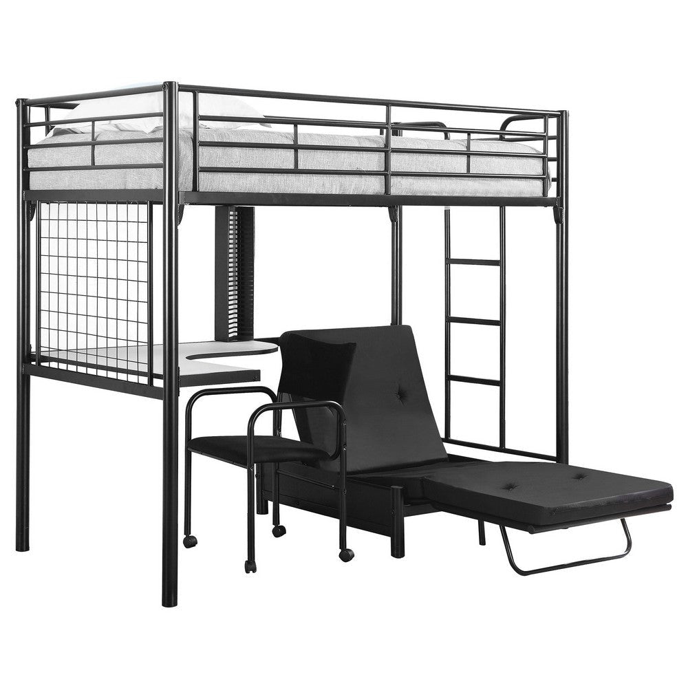 Twin Loft Bed with Convertible Futon, Desk, Chair in Glossy Black Metal By Casagear Home