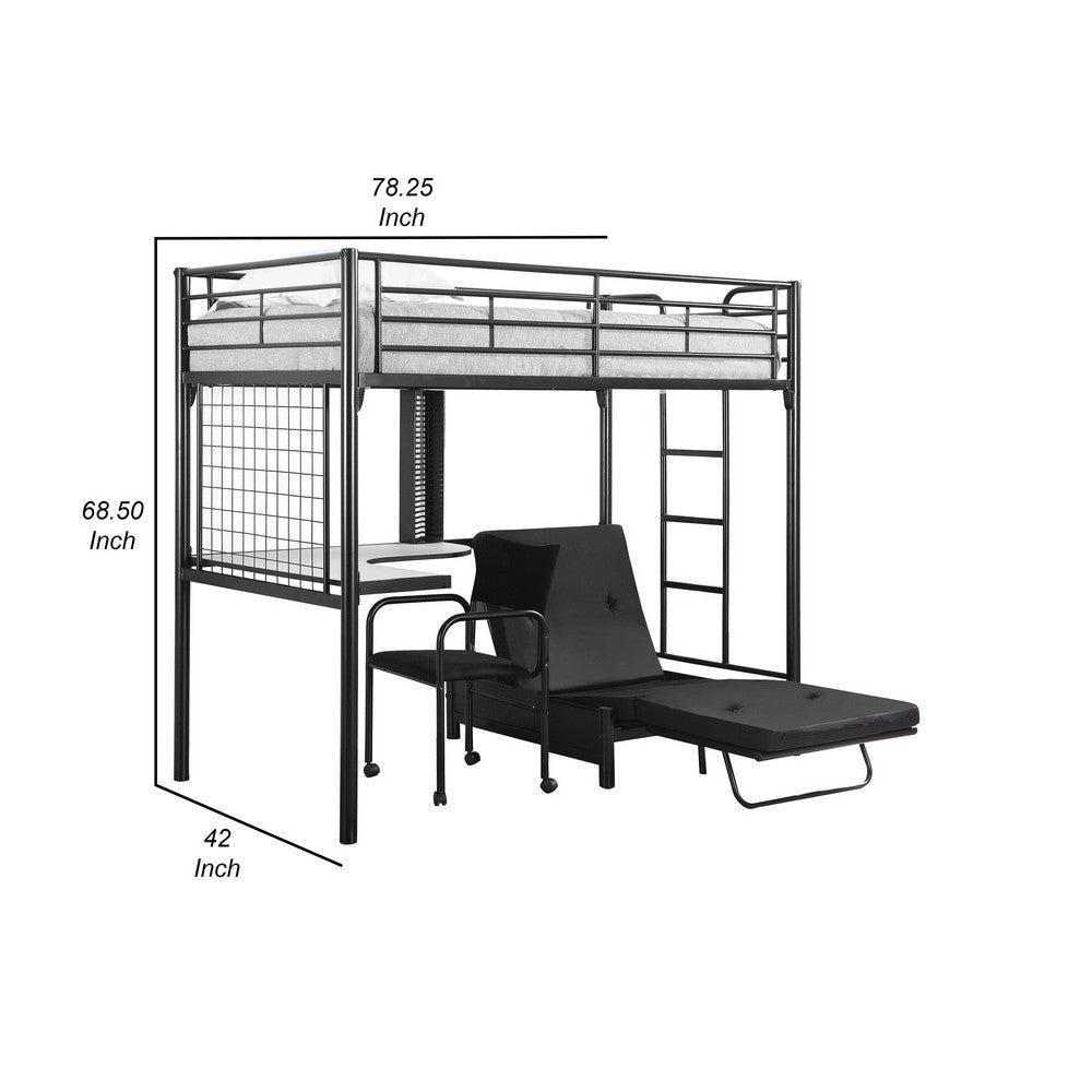 Twin Loft Bed with Convertible Futon Desk Chair in Glossy Black Metal By Casagear Home BM319010