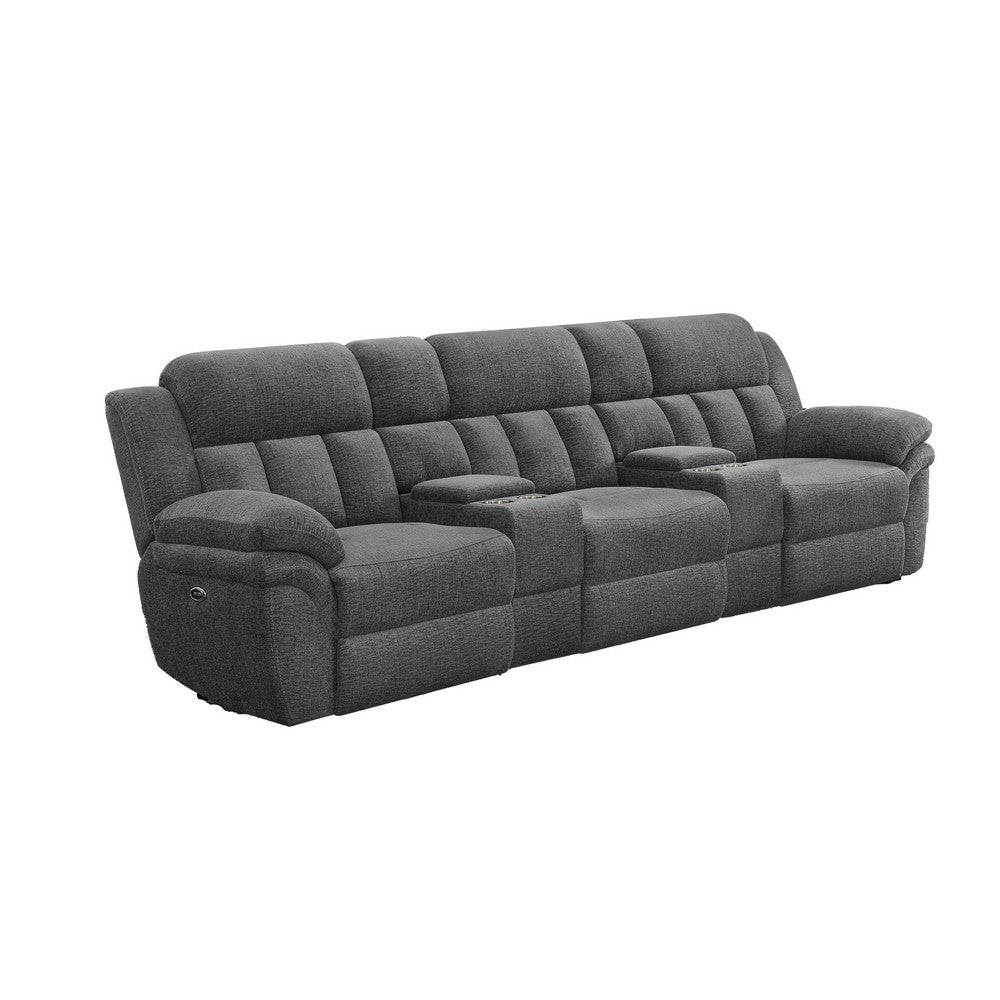 Jak Power Recliner Sofa, 2 Consoles, Cushioned Tufted Seats, Charcoal Gray By Casagear Home