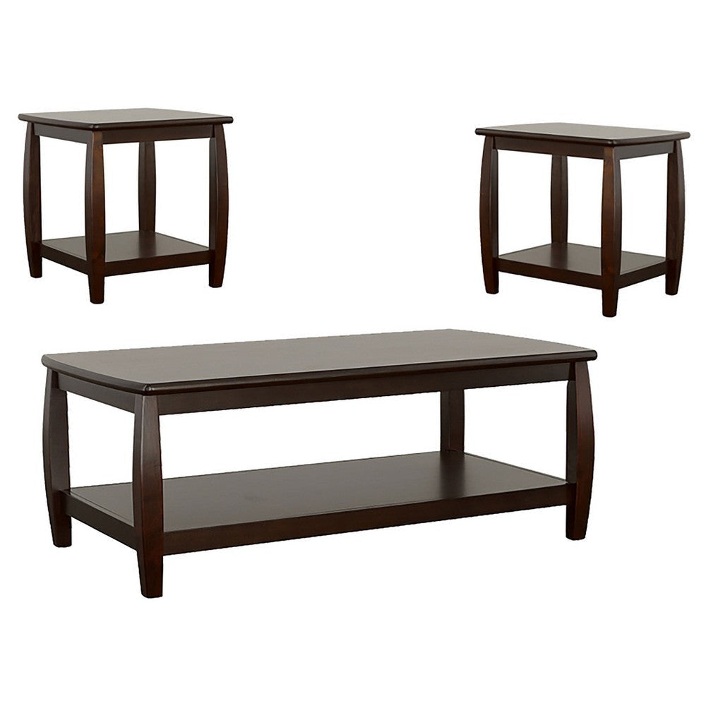 3 Piece Coffee and End Table Set, Open Shelves, Espresso Brown Solid Wood By Casagear Home