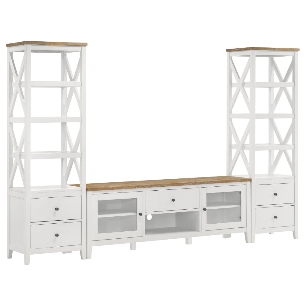 TV Entertainment Console with 2 Media Towers, White and Brown Solid Wood By Casagear Home