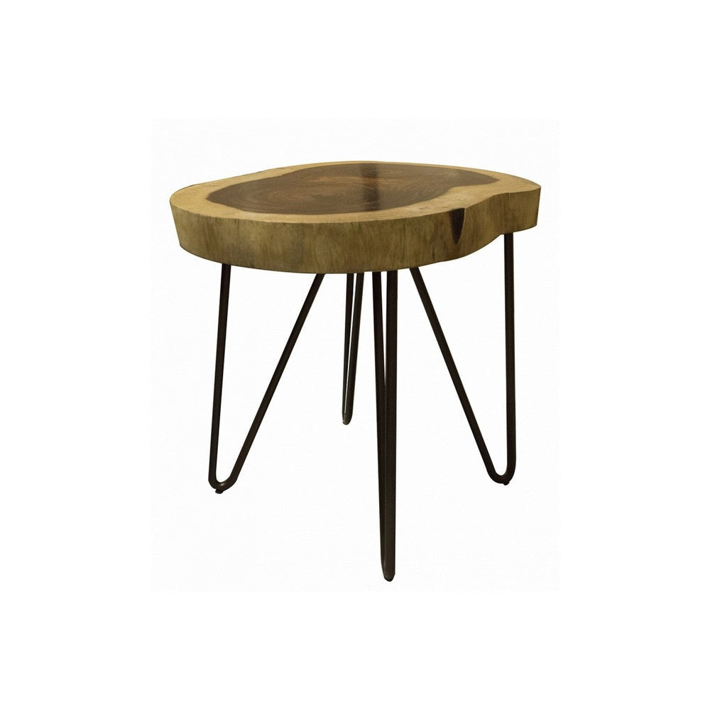 Hito 40in Side End Table, Metal Legs, Live Edge Brown Solid Parota Wood By Casagear Home