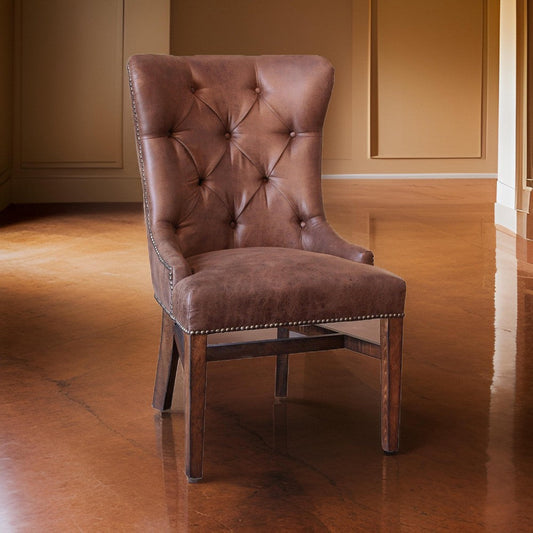 Abi Side Dining Chair, Tufted Back, Nailhead Trim, Brown Faux Leather, Wood By Casagear Home