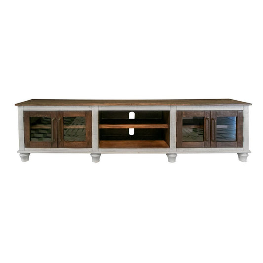 Texu 69 Inch TV Entertainment Console, 4 Doors, 2 Open Shelves, Brown White By Casagear Home