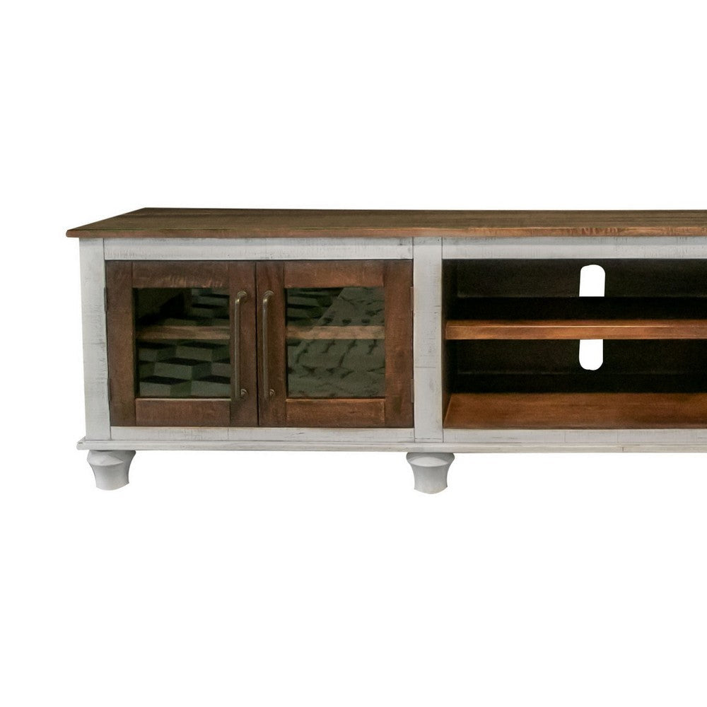 Texu 69 Inch TV Entertainment Console 4 Doors 2 Open Shelves Brown White By Casagear Home BM319047