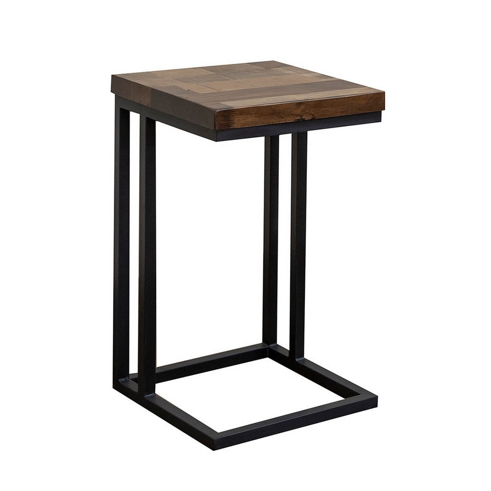 Tina Side End Table, Square Brown 15 Inch Wood Top, C Shape, Black Metal By Casagear Home