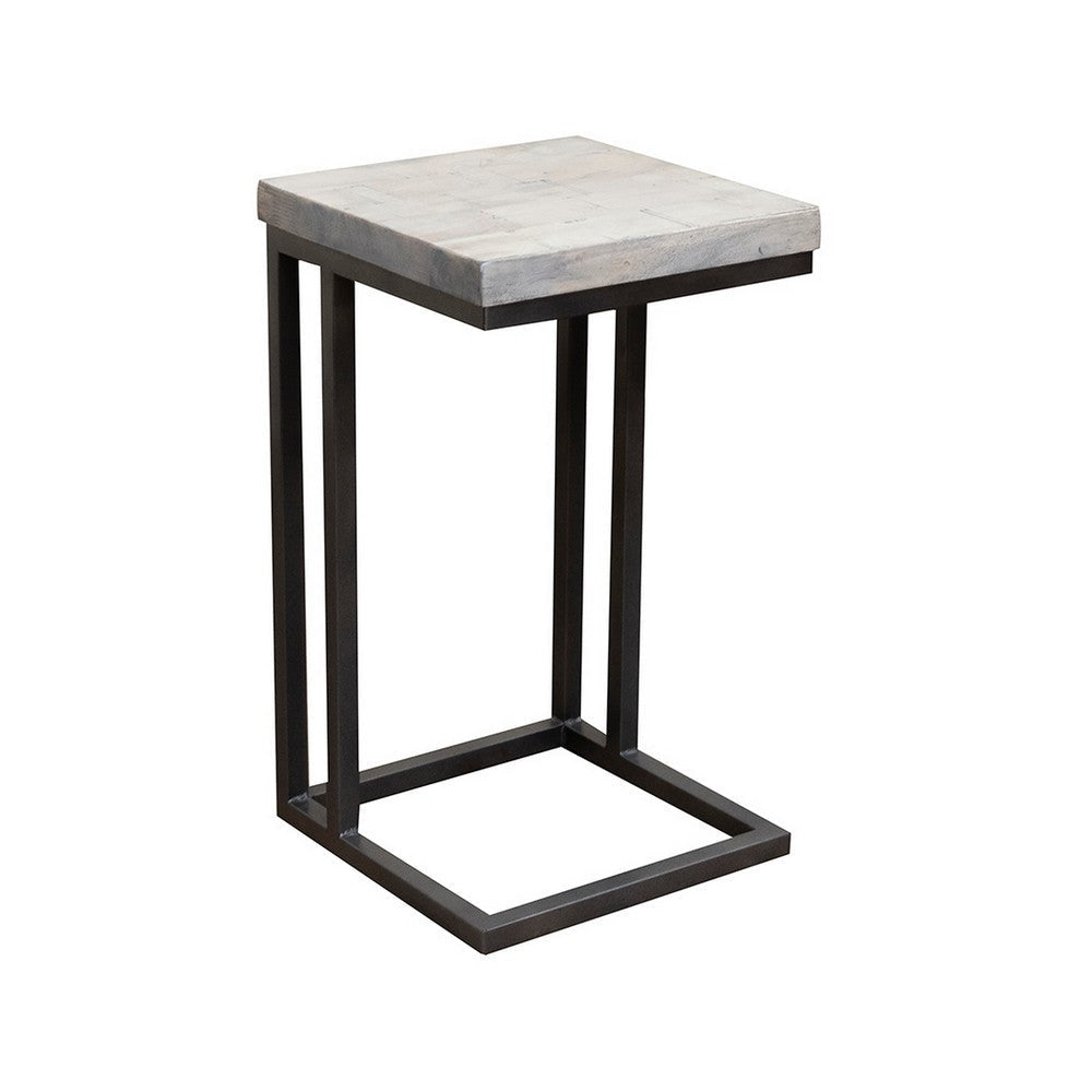 Tina Side End Table, Square White 15 Inch Wood Top, C Shape, Black Metal By Casagear Home