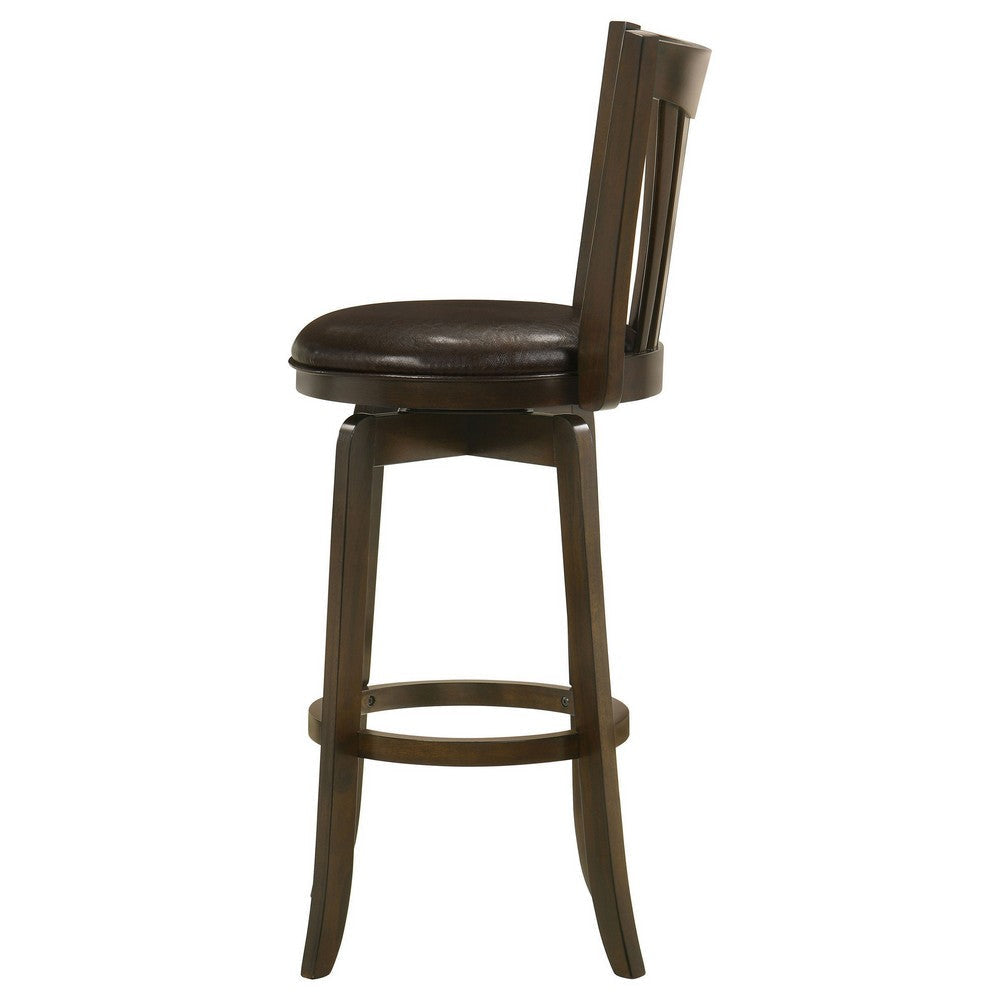 Ethan Swivel Barstool Chair Dark Brown Faux Leather Slatted Back Hardwood By Casagear Home BM319065