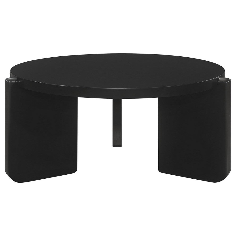 Kiya Coffee Table 39 Inch Round Top Black Solid Wood Frame Panel Legs By Casagear Home BM319075