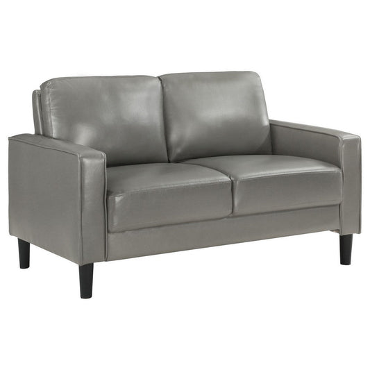 Rumi Loveseat, Gray Faux Leather, Modern Track Arms, Foam Cushions, 54 Inch By Casagear Home