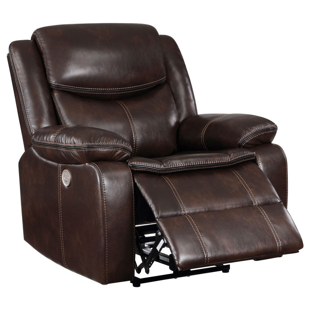 Susan Power Recliner Dark Brown Faux Leather USB Port Pillow Top Arms By Casagear Home BM319097