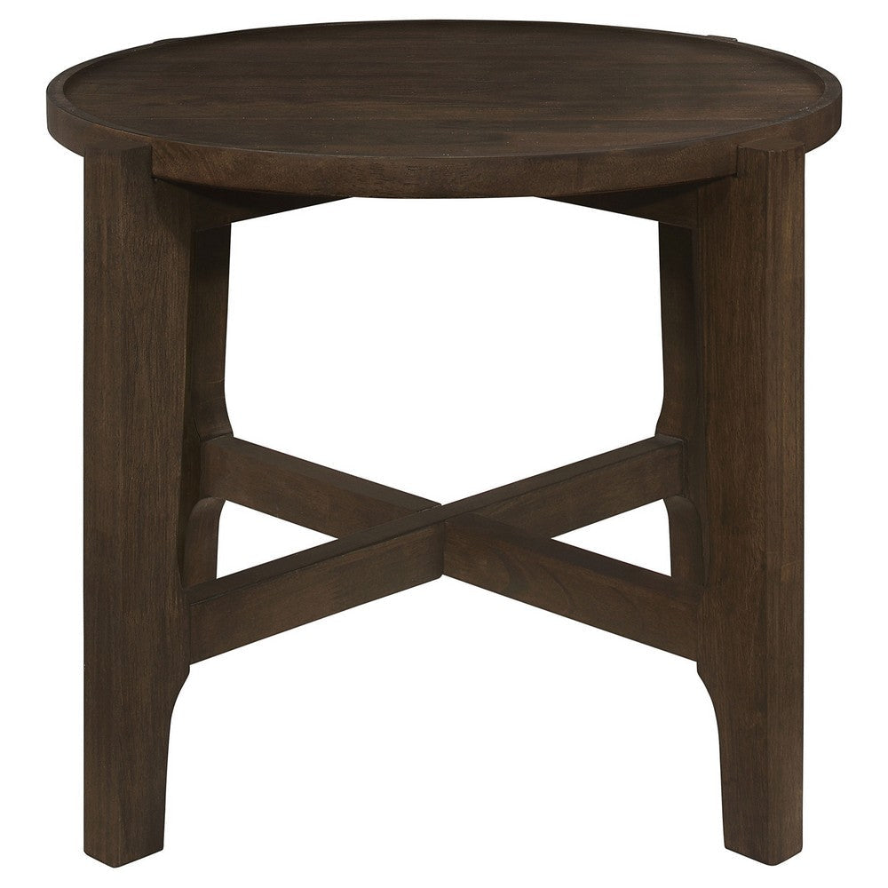 Katie End Table Round 26 Inch Top Dark Brown Solid Wood Cross Beam Legs By Casagear Home BM319099