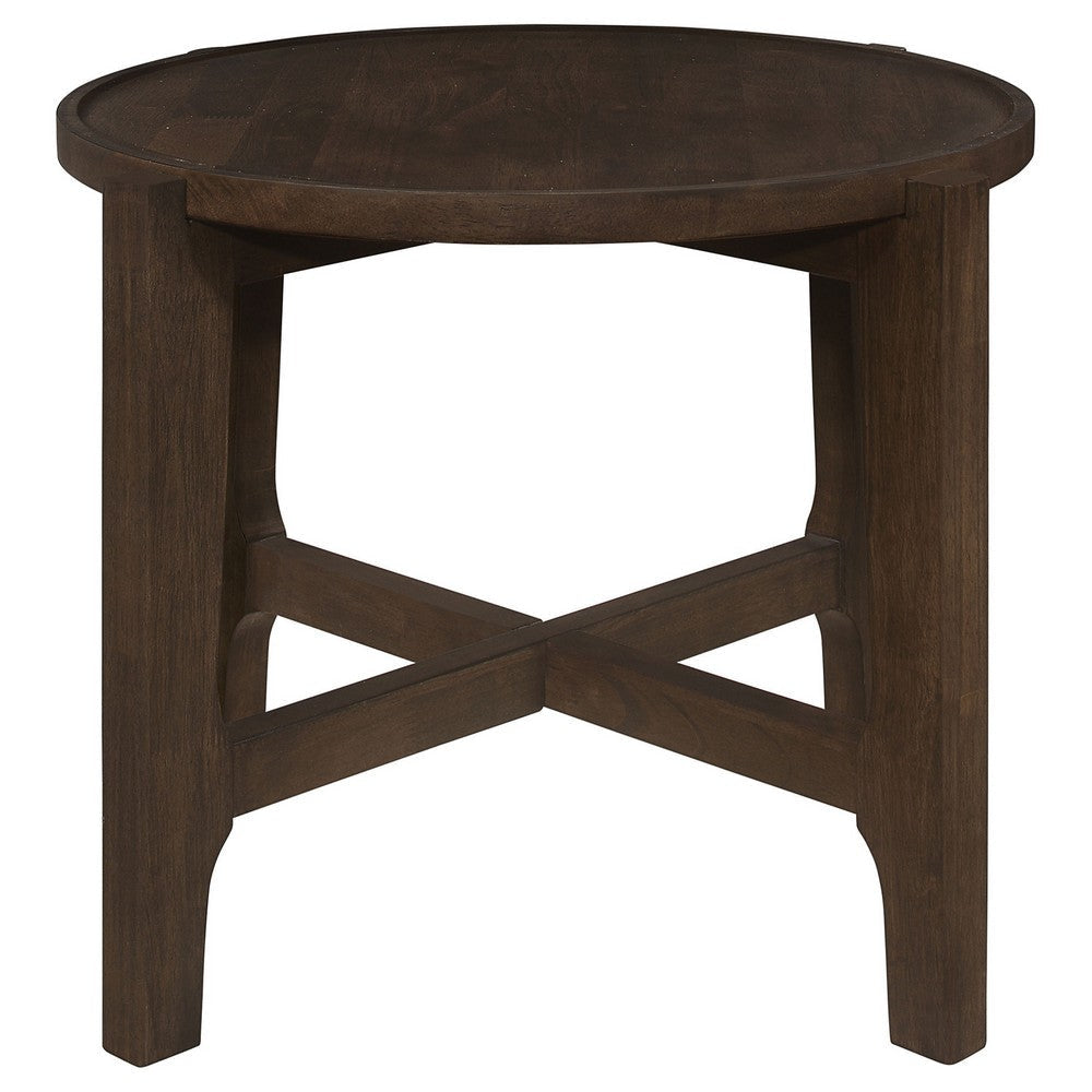 Katie End Table Round 26 Inch Top Dark Brown Solid Wood Cross Beam Legs By Casagear Home BM319099