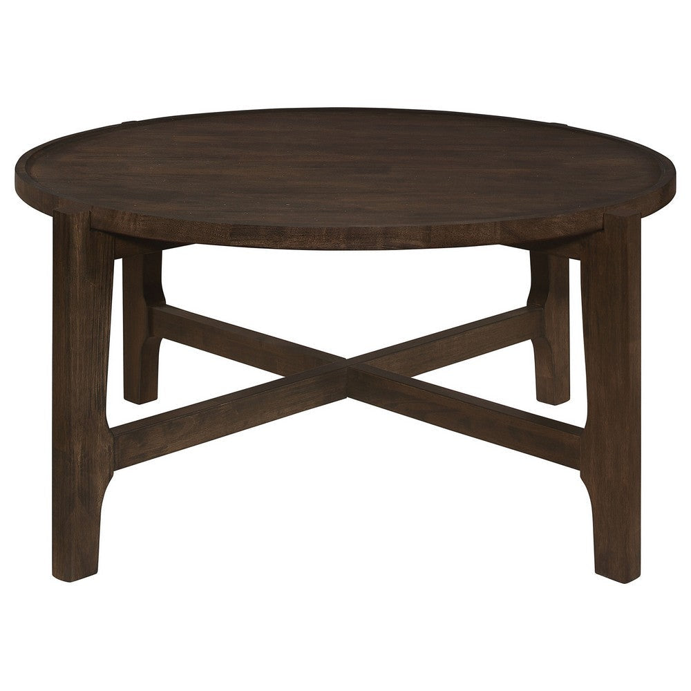 Katie Coffee Table Round 38 Inch Top Dark Brown Wood Cross Beam Legs By Casagear Home BM319100