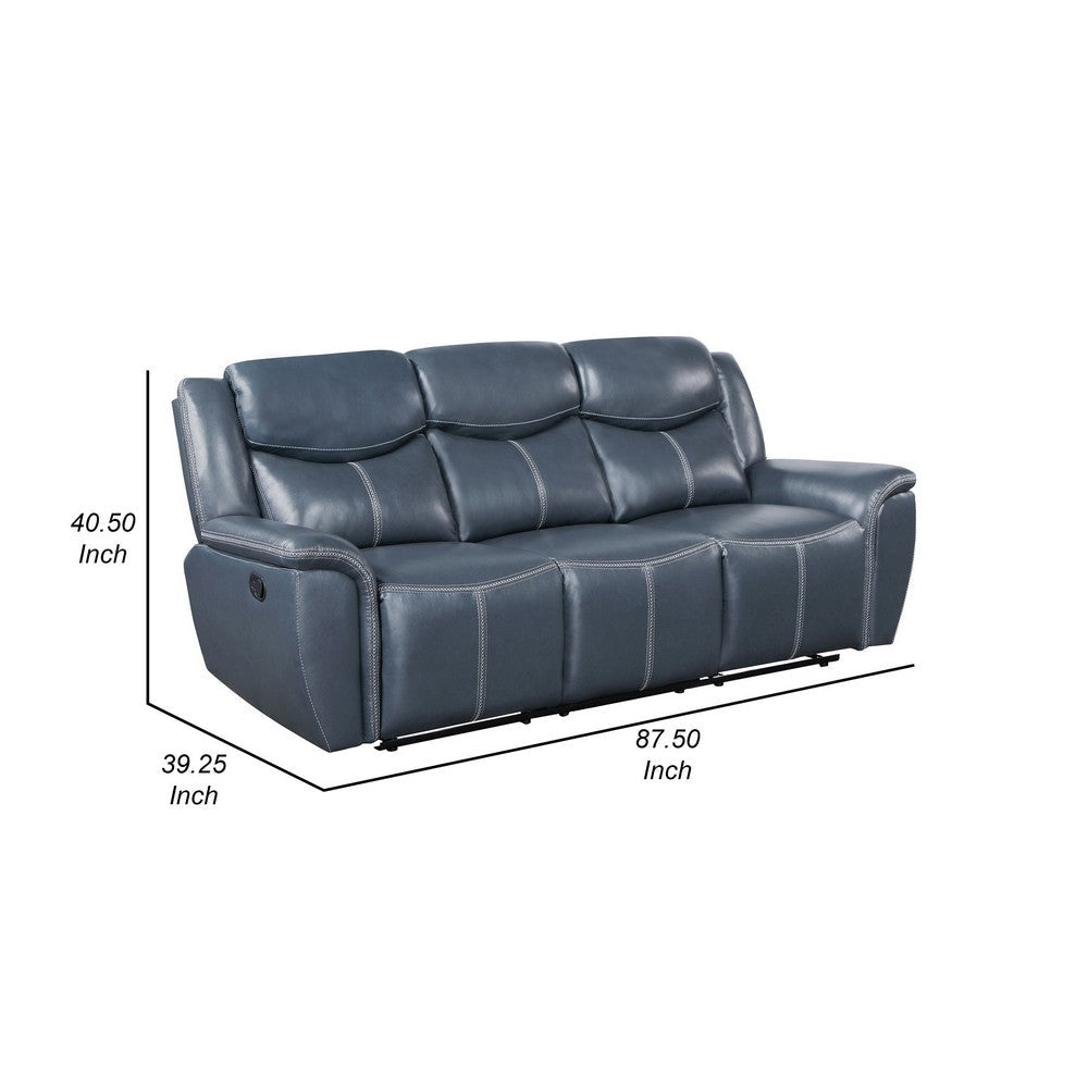 Eleni Manual Recliner Sofa Drop Down Table Blue Faux Leather 88 Inch By Casagear Home BM319112