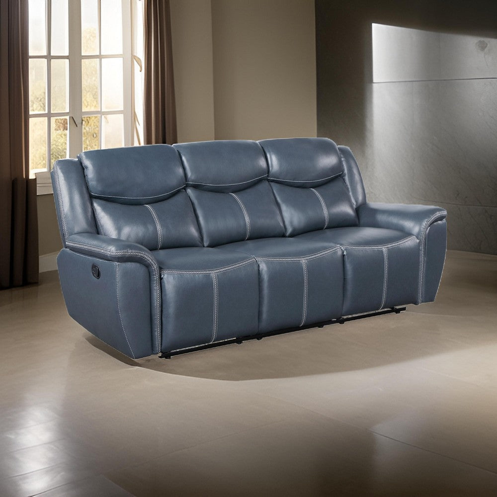 Eleni Manual Recliner Sofa Drop Down Table Blue Faux Leather 88 Inch By Casagear Home BM319112