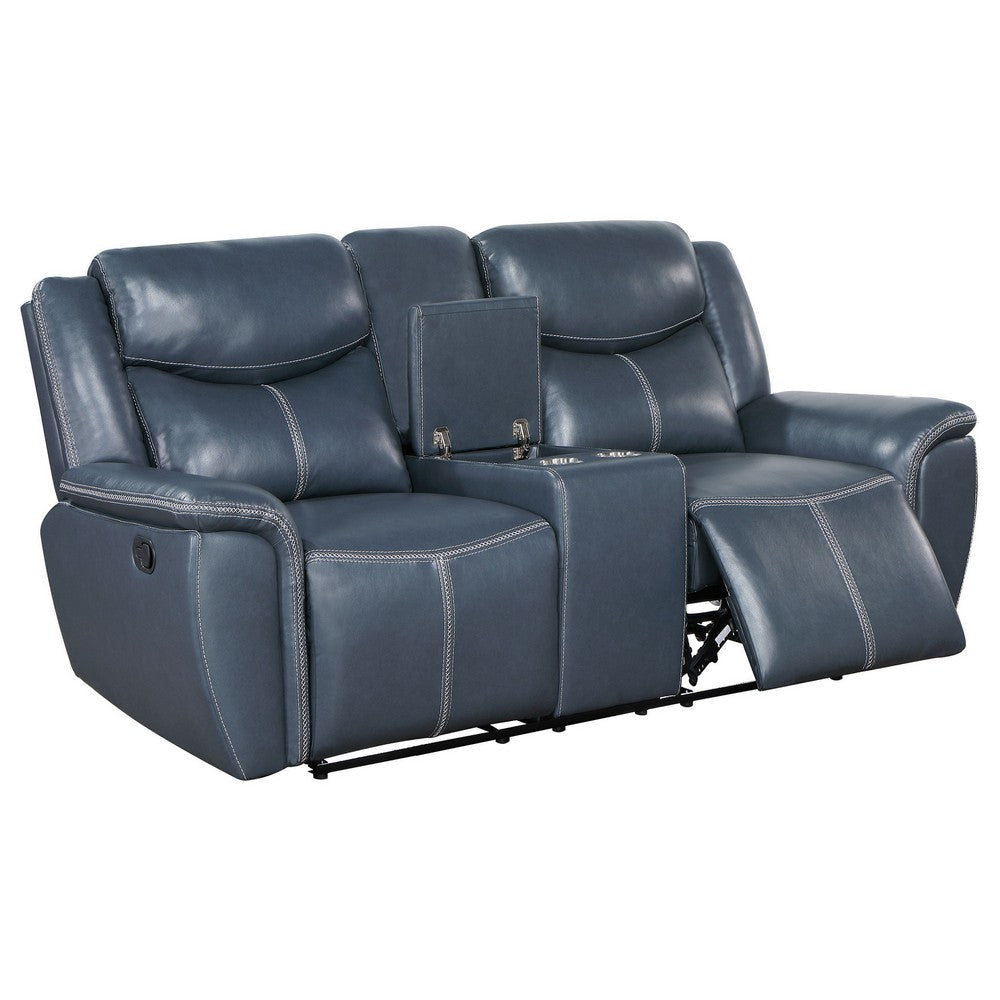 Eleni Manual Recliner Loveseat Cup Holders Blue Faux Leather 79 Inch By Casagear Home BM319113