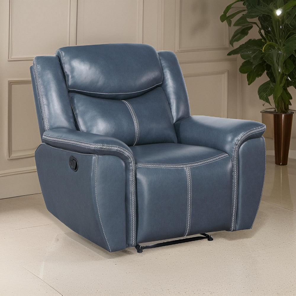 Eleni Manual Recliner Chair Blue Faux Leather Cushions Stitching Detail By Casagear Home BM319114