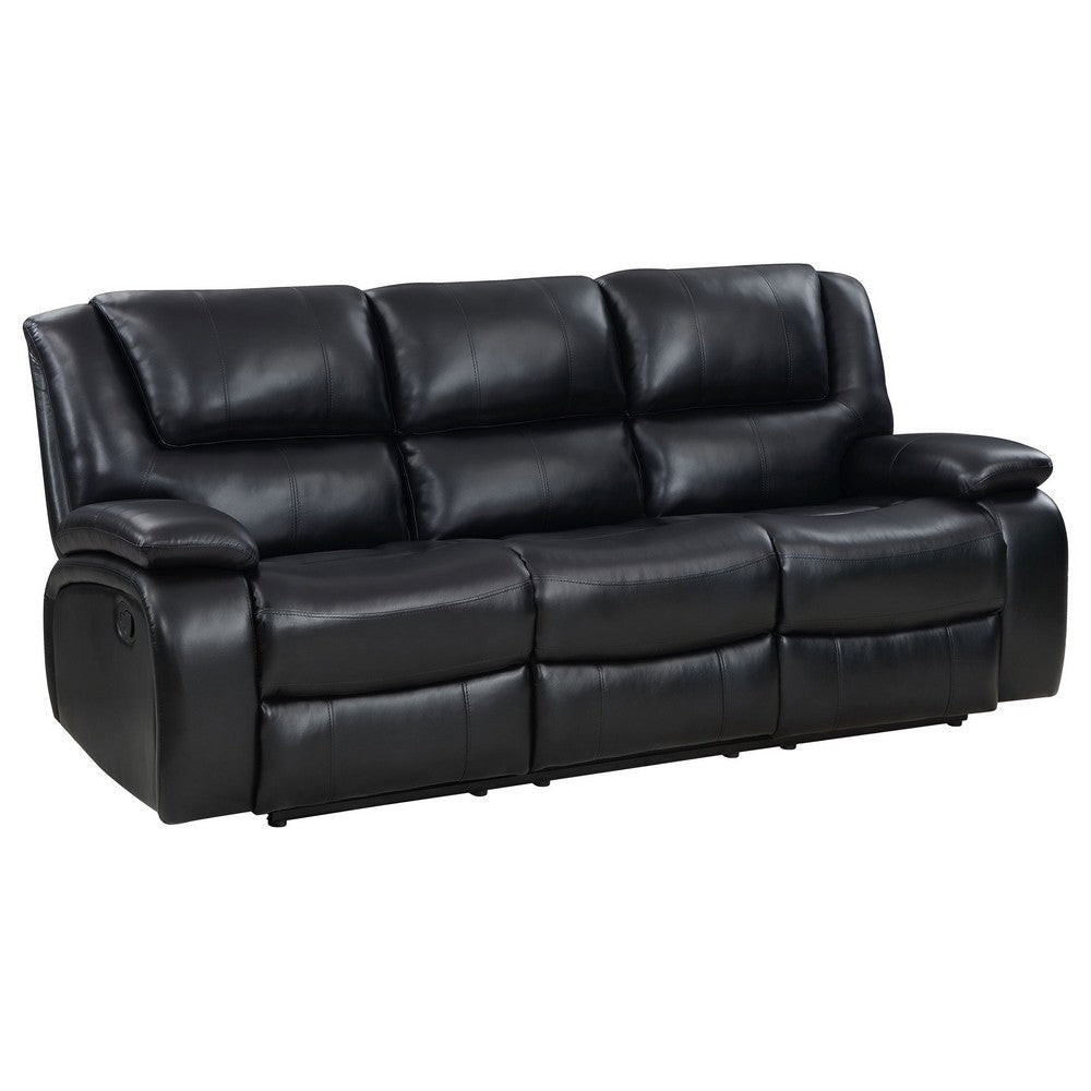 Mila Manual Recliner Sofa, Black Faux Leather, Pillow Top Arms, 86 Inch By Casagear Home