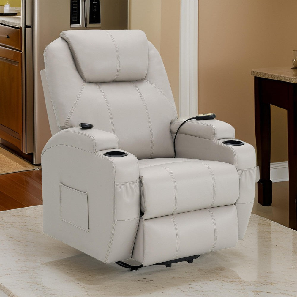 Sania Power Lift Recliner Chair Beige Faux Leather Cup Holders Massage By Casagear Home BM319121