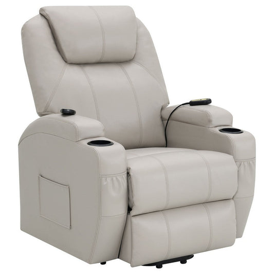 Sania Power Lift Recliner Chair, Beige Faux Leather, Cup Holders, Massage By Casagear Home