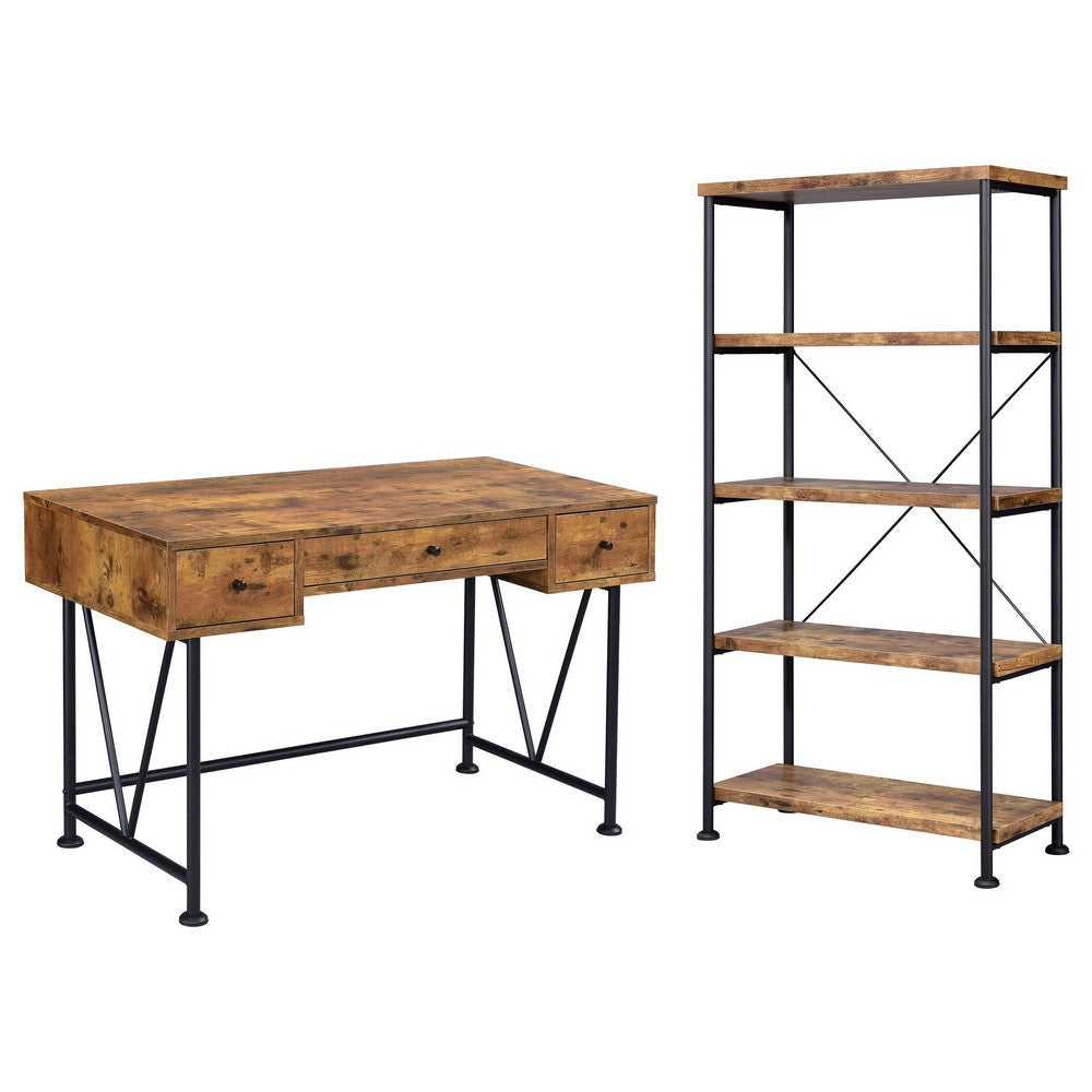 2 Piece Writing Desk with Bookshelf Unit, Rustic Brown, Black Metal Frame By Casagear Home