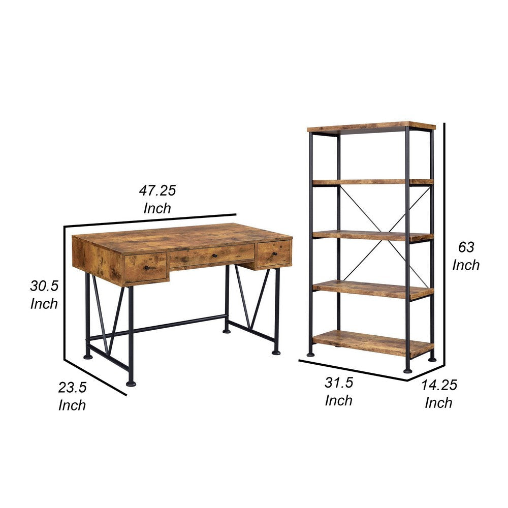 2 Piece Writing Desk with Bookshelf Unit Rustic Brown Black Metal Frame By Casagear Home BM319126