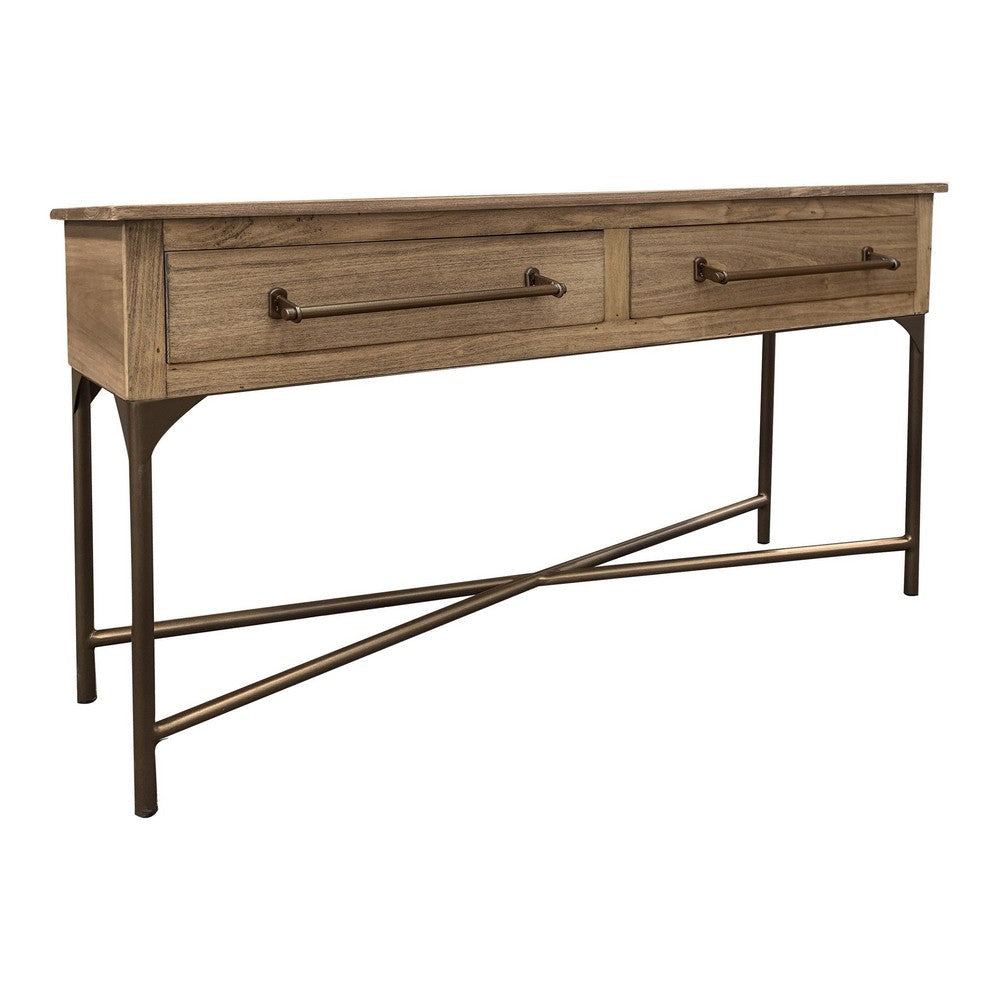 Bera 55 Inch Sofa Console Table, Cross Metal Base, 2 Drawers, Brown Wood By Casagear Home