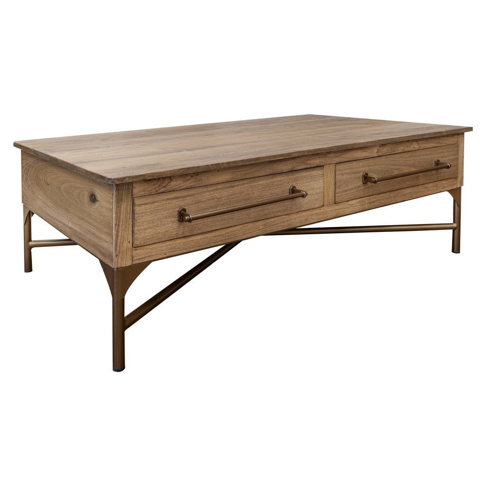 Bera 50 Inch Cocktail Coffee Table, Cross Metal Base, 2 Drawers, Brown By Casagear Home