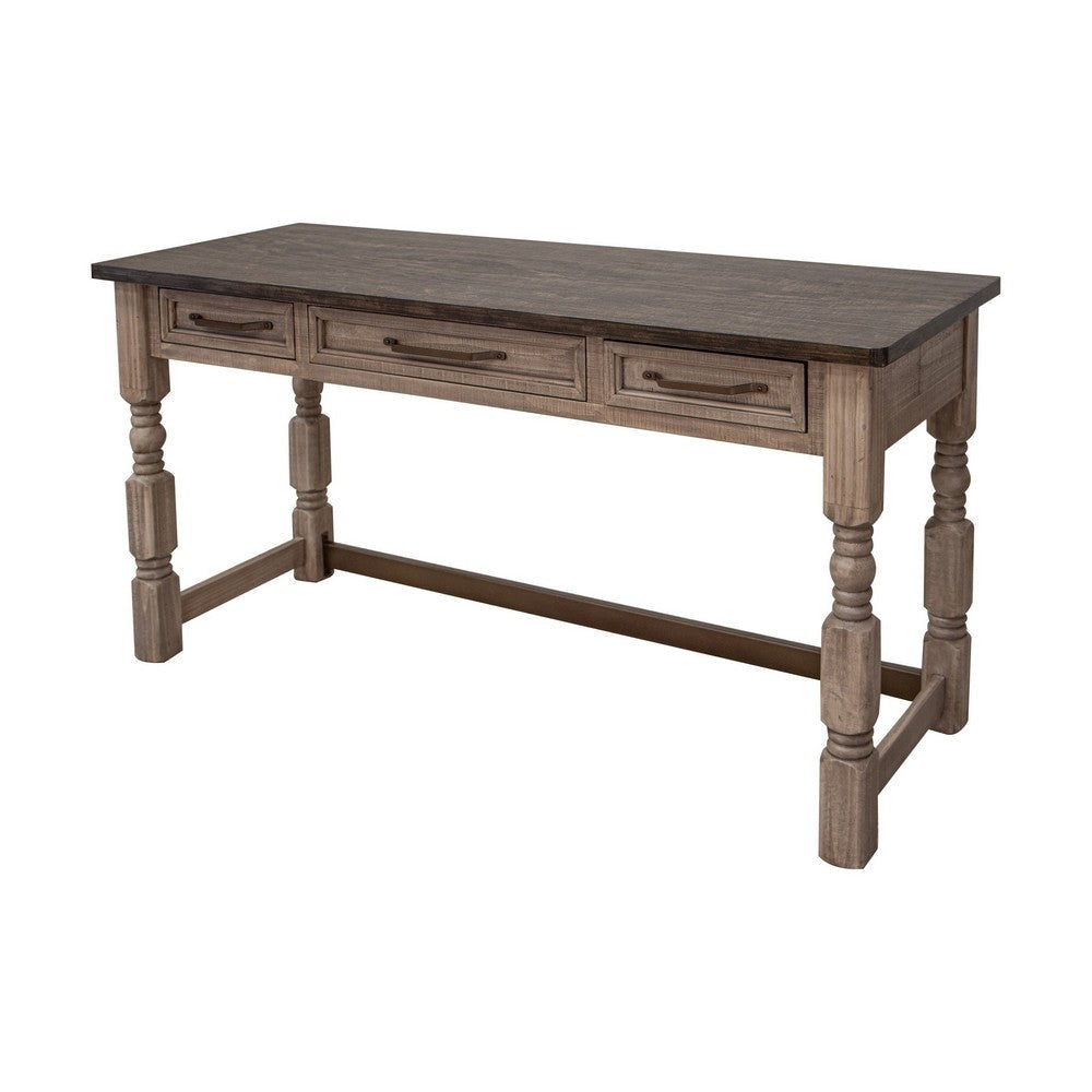 Nite Office Desk 3 Drawers 61 Inch Tabletop Farmhouse Turned Legs Brown By Casagear Home BM319137