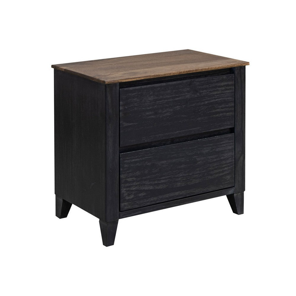 Kay 27 Inch Nightstand, 2 Drawers, Farmhouse Brown Black Finish Mango Wood By Casagear Home